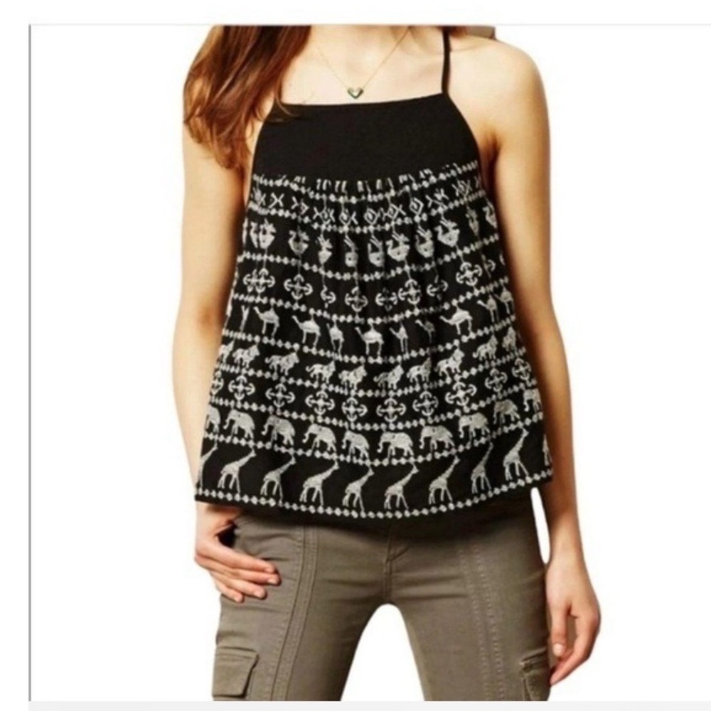 Anthropologie HD in Paris Black Embroidered Animal Safari Cami Tank Top Small